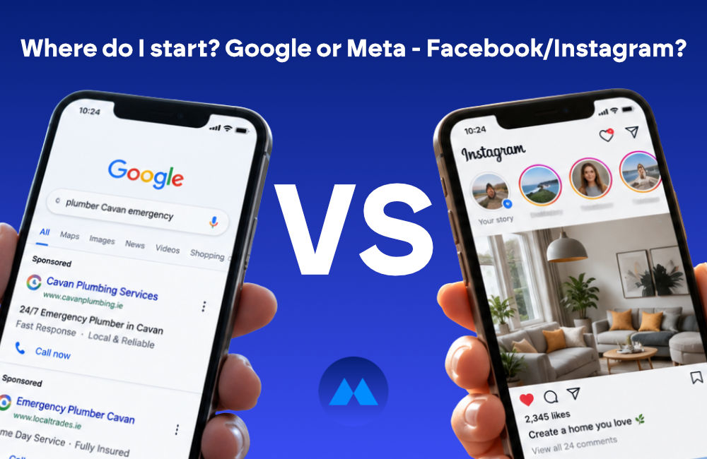 Google Ads versus Meta ads hero image displaying two mobile phones with google and instagram open